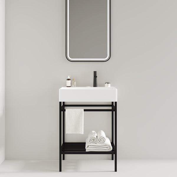 English Elm LOFI Ceramic Integrated Bathroom Vanity 24" with Rectangular Basin, Open Metal Shelf, Easy Clean White+Black W2615S00060