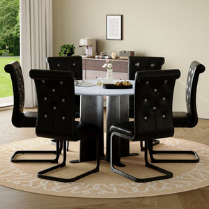 English Elm Modern Round Faux Marble Dining Set with Six Tufted Pvc Chairs Gradient Pedestal Base W3875S00073