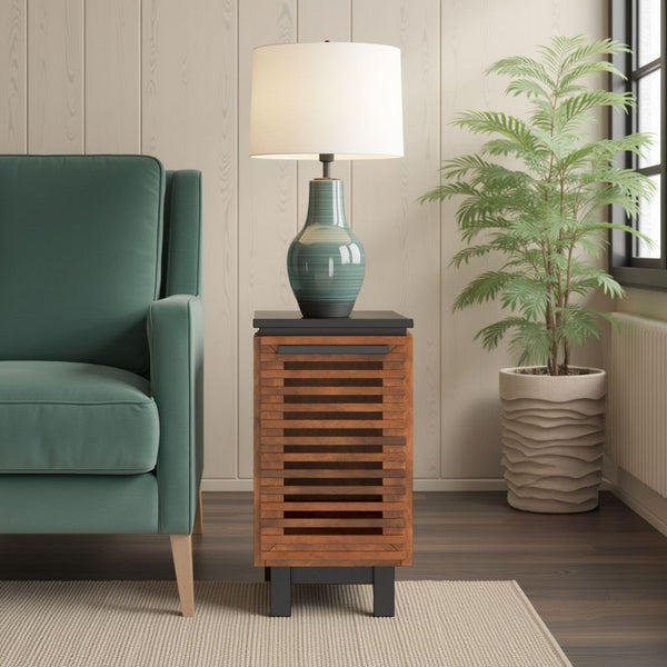 English Elm 13" Modern Chairside Table Black & Bourbon Finish — Scandinavian Poplar/Okume, Slatted Door, Ready-to-Use B108131542