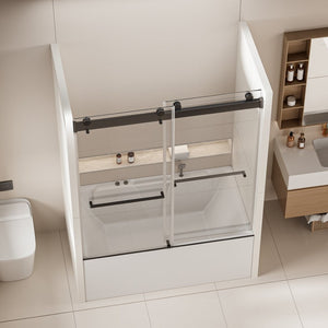 English Elm 56-60 in Frameless Bypass Tub Shower Door Soft Close Tempered Glass Brushed Nickel W1920P385333