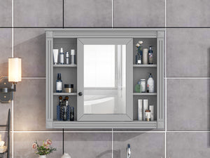 English Elm 35'' Modern Medicine Cabinet with Mirror and Towel Rod, MDF Wall-Mounted Bathroom Storage with Adjustable Shelves and Soft-Close Hinges Grey WF305081AAE
