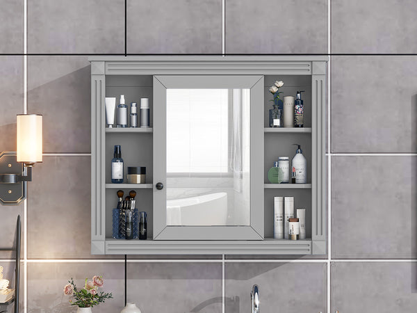 English Elm 35'' Modern Medicine Cabinet with Mirror and Towel Rod, MDF Wall-Mounted Bathroom Storage with Adjustable Shelves and Soft-Close Hinges Grey WF305081AAE