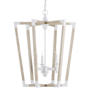 Bastian Sandstone Lantern - Elegant Arts & Crafts Inspired Chandelier in Sugar White and Wood Finish