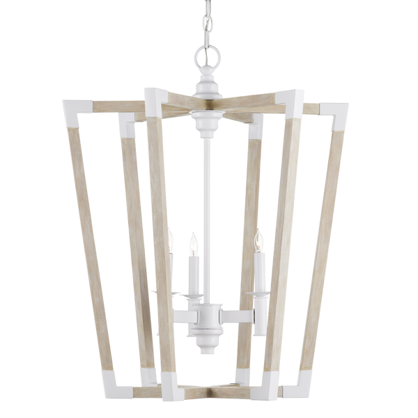 Bastian Sandstone Lantern - Elegant Arts & Crafts Inspired Chandelier in Sugar White and Wood Finish