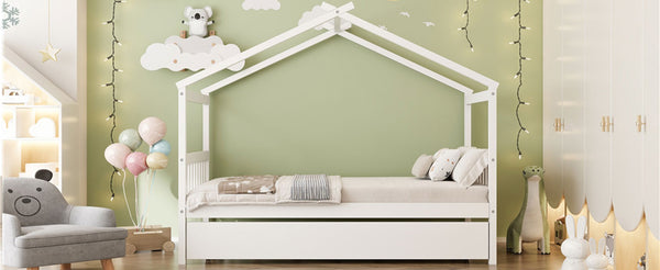 English Elm Twin House Bed Solid Pine Cottage Frame with Pull Out Trundle for Kids Bedroom White N708P309238K