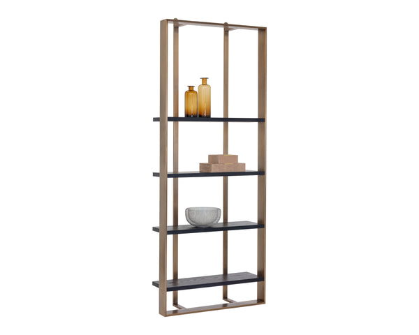 Sunpan Dalton Modern Bookcase In Black Oak With Antique Brass Frame - Unique Wood Grain & Character Black Wood 111906