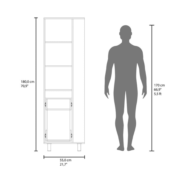 English Elm White Tall Broom Closet with Open Shelves Drawer and Full Length Door for Laundry Rooms B062S01877