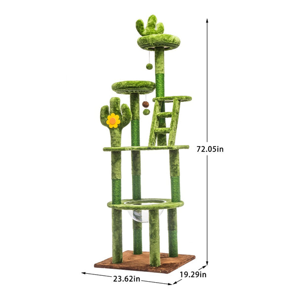 English Elm 72in Cactus Cat Tower Sisal Posts Plush Perches Capsule Pod Multi-level Climb Green W1578P447627