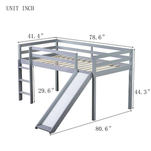 English Elm Twin Low Loft Bed with Slide and Ladder for Kids, Rubberwood Frame, Safety Guardrails & Playspace Grey W504P218522