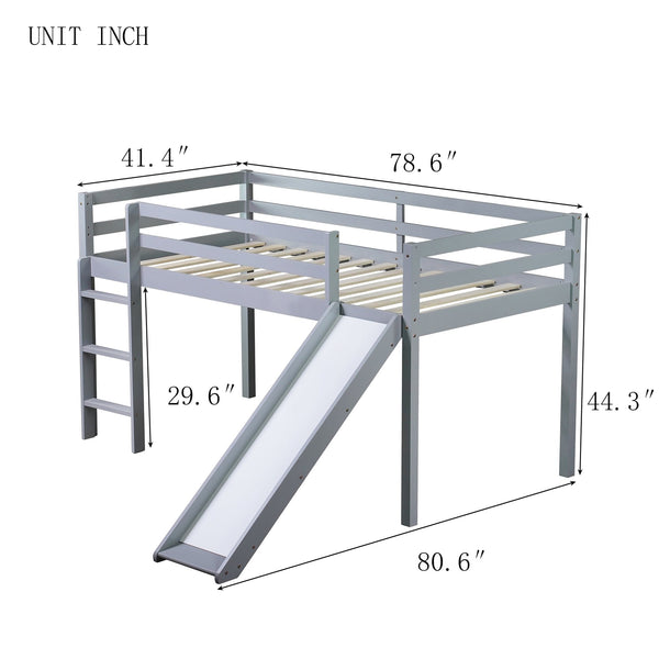 English Elm Twin Low Loft Bed with Slide and Ladder for Kids, Rubberwood Frame, Safety Guardrails & Playspace Grey W504P218522