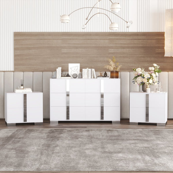 English Elm 3-Pieces Mirrored 6-Drawer Dresser and Two Nightstands with Sleek Metal Legs for Modern Living White 54.25 L x 20.75 W x 8.5 H N733S307938W
