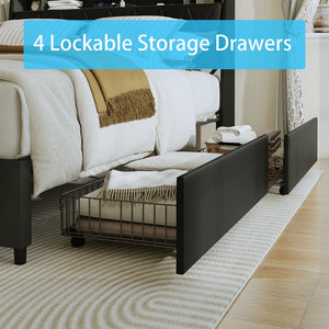 English Elm Queen Ergonomic Headboard Platform Bed with Built-In Outlets, USB Charger, LED Light & Shelf Storage Black W3107P327874