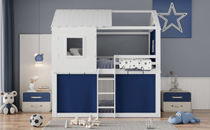 English Elm Full Size Kids Playhouse Bunk Bed Pinewood Frame with Tent Roof and Window Cutouts Blue LT000380AAC-1