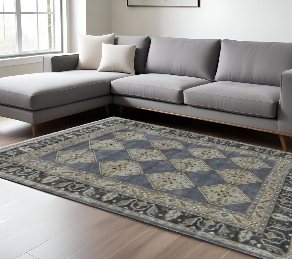 HomeRoots 9' Blue and Gray Floral Hand-Knotted Wool Area Rug - Elegant Design for Living Spaces and Durability 9' X 12' 511029
