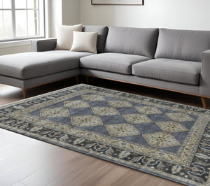 HomeRoots 9' Blue and Gray Floral Hand-Knotted Wool Area Rug - Elegant Design for Living Spaces and Durability 9' X 12' 511029