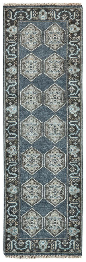 Homeroots 8' Beige Blue And Gray Medallion Hand Knotted Runner Rug With Fringe Blue,Gray,Taupe Wool Blend 511031