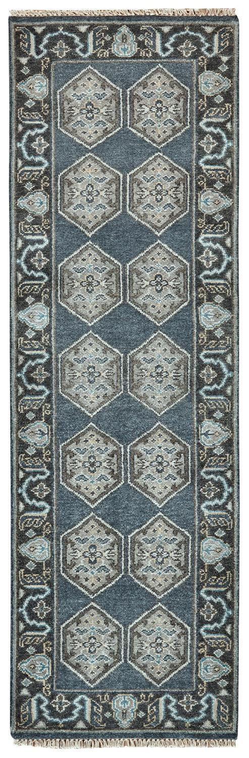 Homeroots 8' Beige Blue And Gray Medallion Hand Knotted Runner Rug With Fringe Blue,Gray,Taupe Wool Blend 511031
