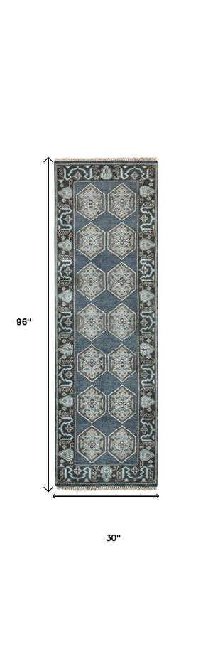 Homeroots 8' Beige Blue And Gray Medallion Hand Knotted Runner Rug With Fringe Blue,Gray,Taupe Wool Blend 511031