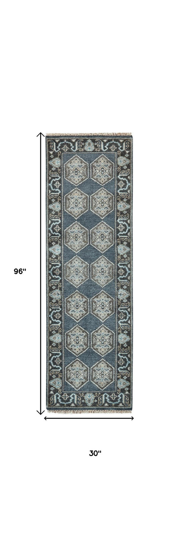 Homeroots 8' Beige Blue And Gray Medallion Hand Knotted Runner Rug With Fringe Blue,Gray,Taupe Wool Blend 511031