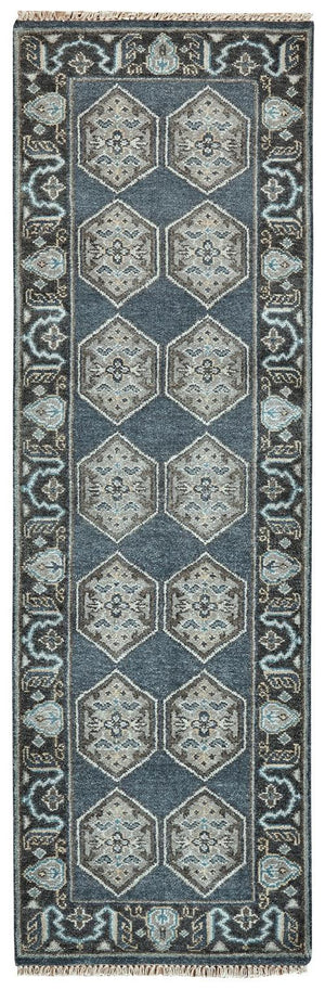 Homeroots 8' Beige Blue And Gray Medallion Hand Knotted Runner Rug With Fringe Blue,Gray,Taupe Wool Blend 511031