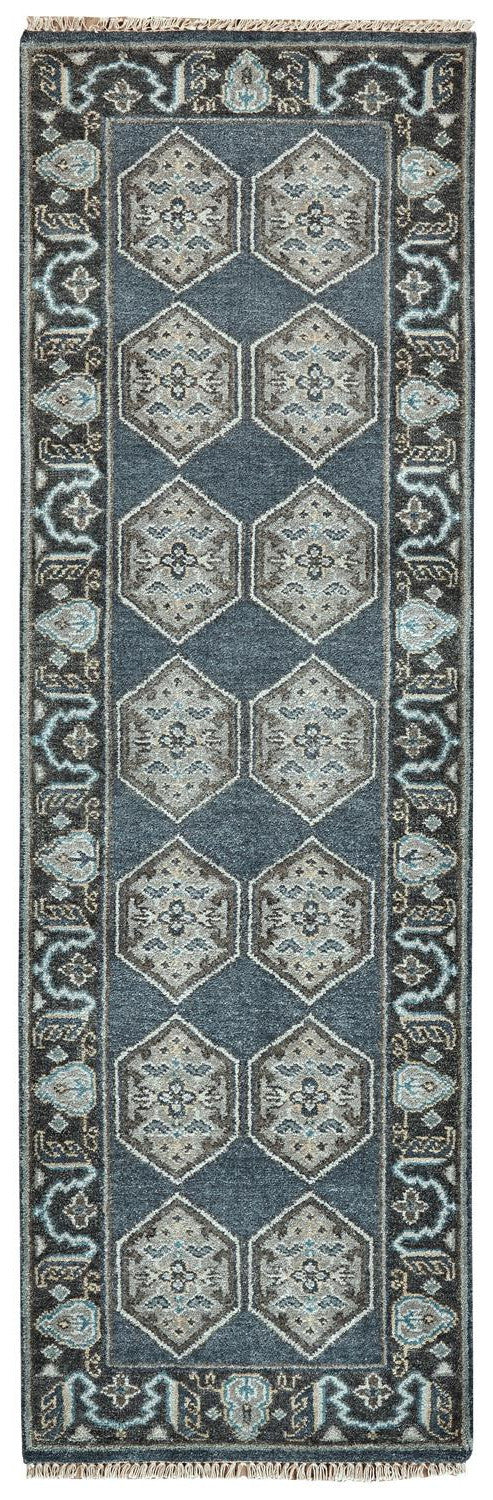 Homeroots 8' Beige Blue And Gray Medallion Hand Knotted Runner Rug With Fringe Blue,Gray,Taupe Wool Blend 511031