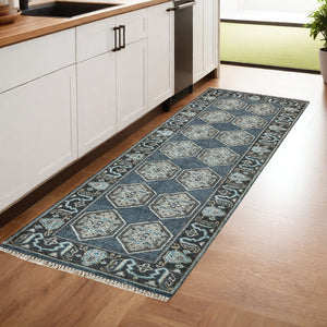 Homeroots 8' Beige Blue And Gray Medallion Hand Knotted Runner Rug With Fringe Blue,Gray,Taupe Wool Blend 511031