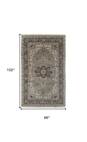 Homeroots 5' X 8' Gray Taupe And Blue Wool Floral Hand Knotted Stain Resistant Area Rug  Wool 511037