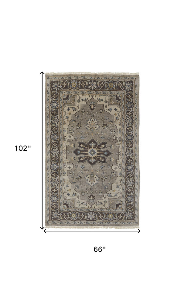 Homeroots 5' X 8' Gray Taupe And Blue Wool Floral Hand Knotted Stain Resistant Area Rug  Wool 511037