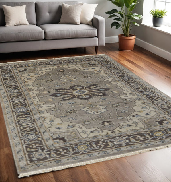 HomeRoots 5' Hand-Knotted Wool Medallion Area Rug in Beige, Blue & Gray - Timeless Style for Any Space 5' X 8' 511037