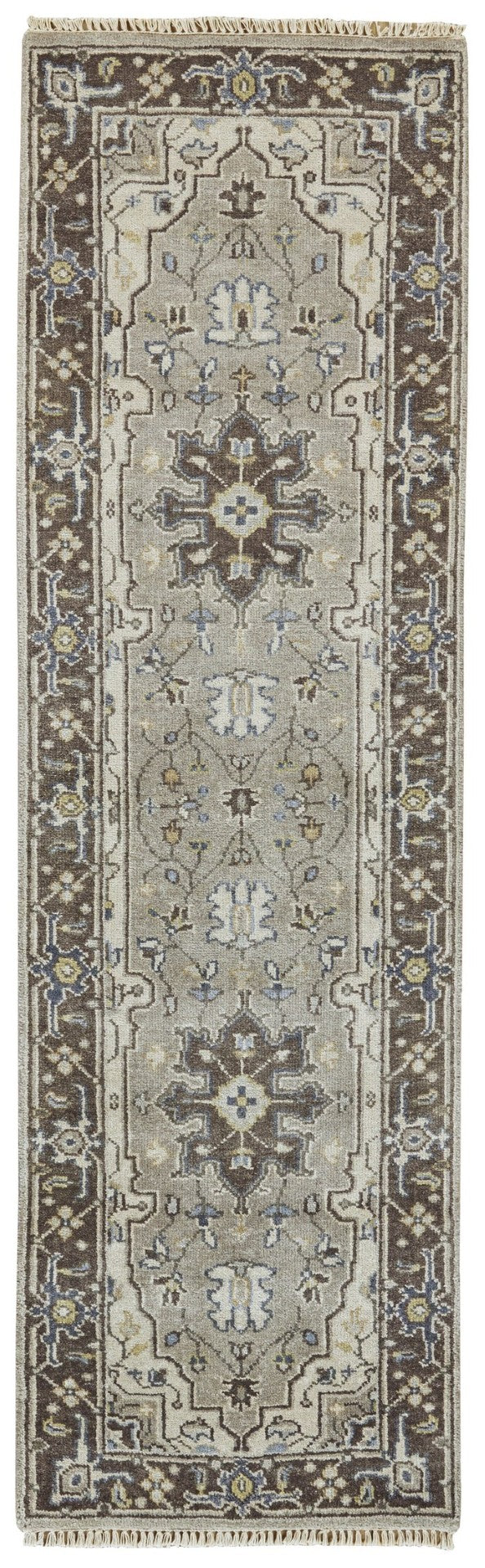 HomeRoots 5' Hand-Knotted Wool Medallion Area Rug in Beige, Blue & Gray - Timeless Style for Any Space 8' Runner 511041