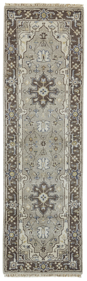 Homeroots 8' Beige Blue And Gray Medallion Hand Knotted Runner Rug With Fringe  Wool Blend 511041