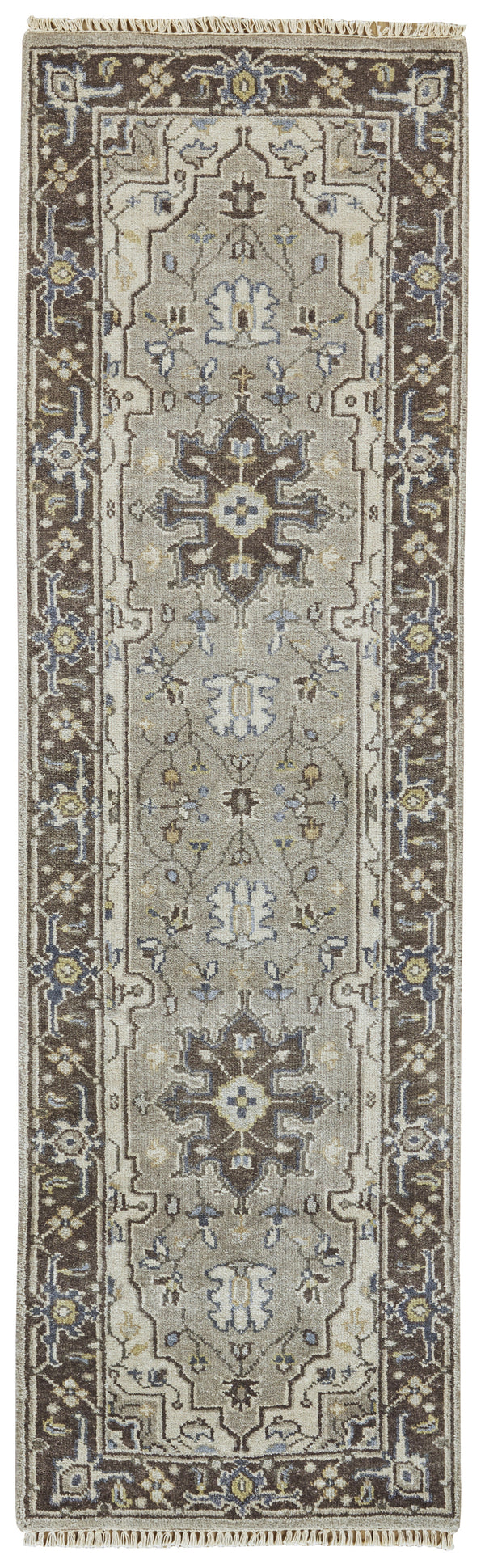 Homeroots 8' Beige Blue And Gray Medallion Hand Knotted Runner Rug With Fringe  Wool Blend 511041
