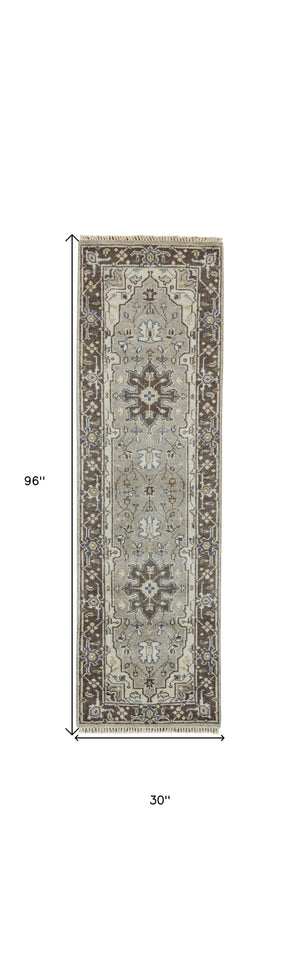 Homeroots 8' Beige Blue And Gray Medallion Hand Knotted Runner Rug With Fringe  Wool Blend 511041