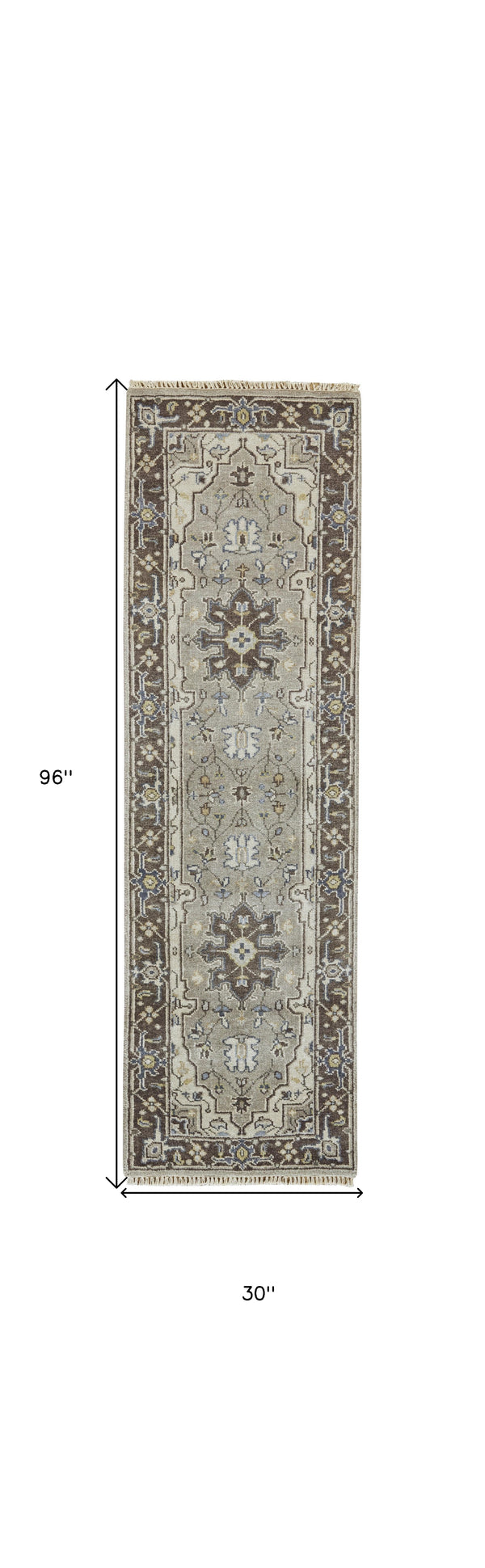 Homeroots 8' Beige Blue And Gray Medallion Hand Knotted Runner Rug With Fringe  Wool Blend 511041