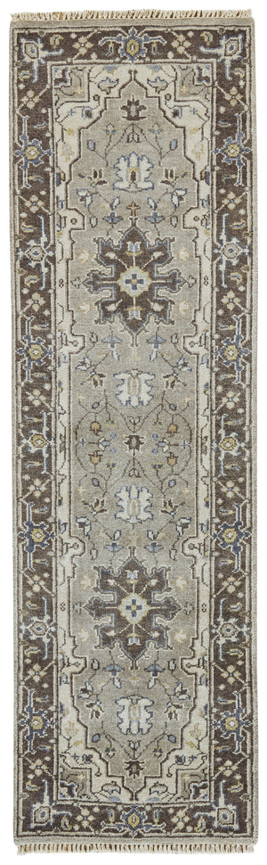 Homeroots 8' Beige Blue And Gray Medallion Hand Knotted Runner Rug With Fringe  Wool Blend 511041