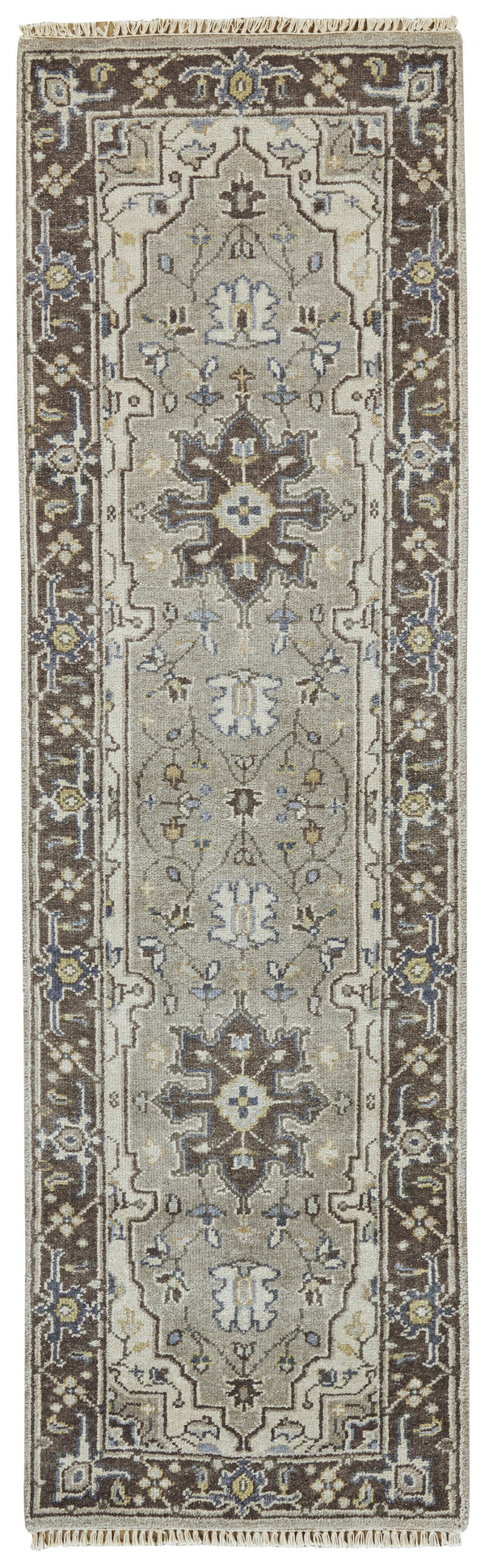 Homeroots 8' Beige Blue And Gray Medallion Hand Knotted Runner Rug With Fringe  Wool Blend 511041