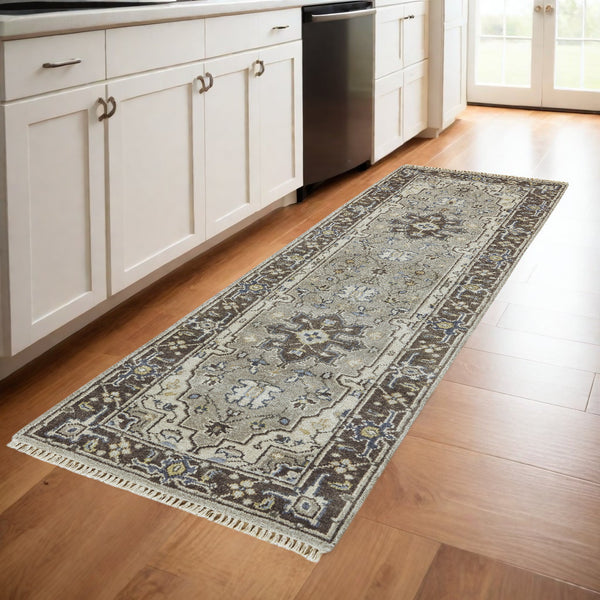 Homeroots 8' Beige Blue And Gray Medallion Hand Knotted Runner Rug With Fringe  Wool Blend 511041