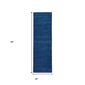 HomeRoots 4' Hand Woven Black Wool Area Rug - Timeless Elegance, Durable Comfort for Modern Living Spaces Blue 8' Runner 511054