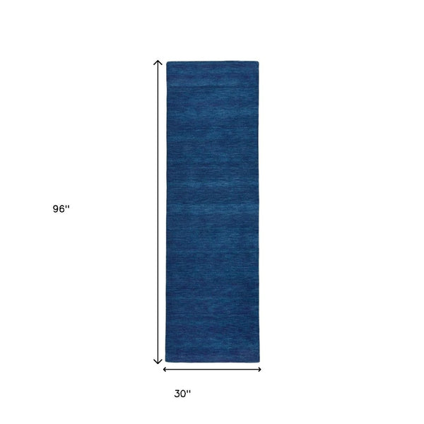 HomeRoots 4' Hand Woven Black Wool Area Rug - Timeless Elegance, Durable Comfort for Modern Living Spaces Blue 8' Runner 511054