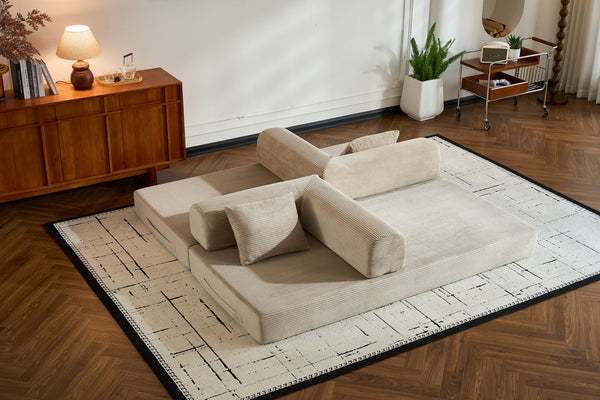 English Elm Convertible Sleeper Sofa Bed with Corduroy Upholstery, 4‑in‑1 Folding Couch Mattress, Space‑Saving Lounge Beige W3434P346244