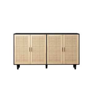 English Elm 62.20"Elegant 4-Door Rattan Storage Cabinet with Solid Wood Legs, Spacious Shelves & Easy Assembly Black W757P190068