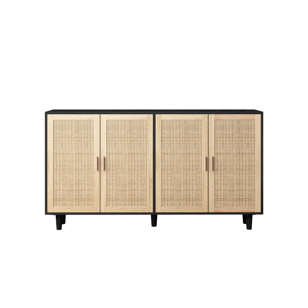 English Elm 62.20"Elegant 4-Door Rattan Storage Cabinet with Solid Wood Legs, Spacious Shelves & Easy Assembly Black W757P190068