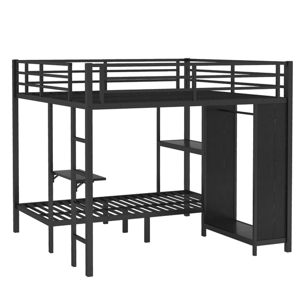 English Elm King Metal Bunk Bed King over Twin XL with Built-In Wardrobe, Foldable Desk, Shelf & Sturdy MDF W1580S00111