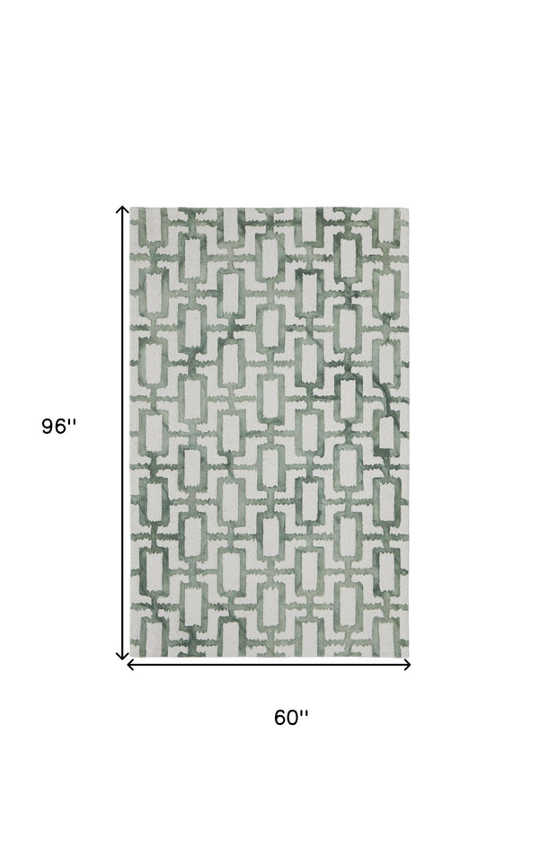 Homeroots 5' X 8' Green And Ivory Wool Geometric Hand Tufted Area Rug Ivory,Green Wool 511099
