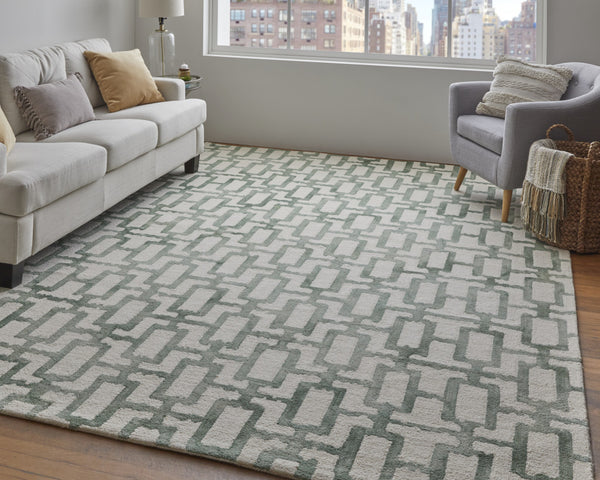 Homeroots 5' X 8' Green And Ivory Wool Geometric Hand Tufted Area Rug Ivory,Green Wool 511099