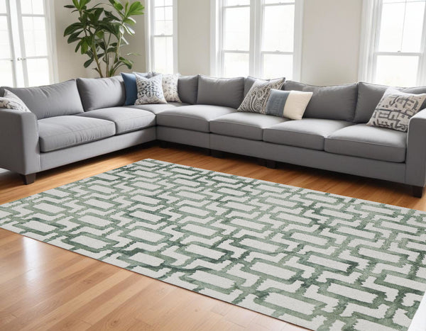 Homeroots 8' X 11' Ivory And Green Wool Geometric Tufted Handmade Area Rug Ivory,Green Wool 511100