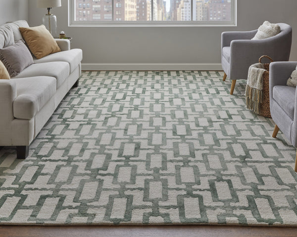 Homeroots 8' X 11' Ivory And Green Wool Geometric Tufted Handmade Area Rug Ivory,Green Wool 511100