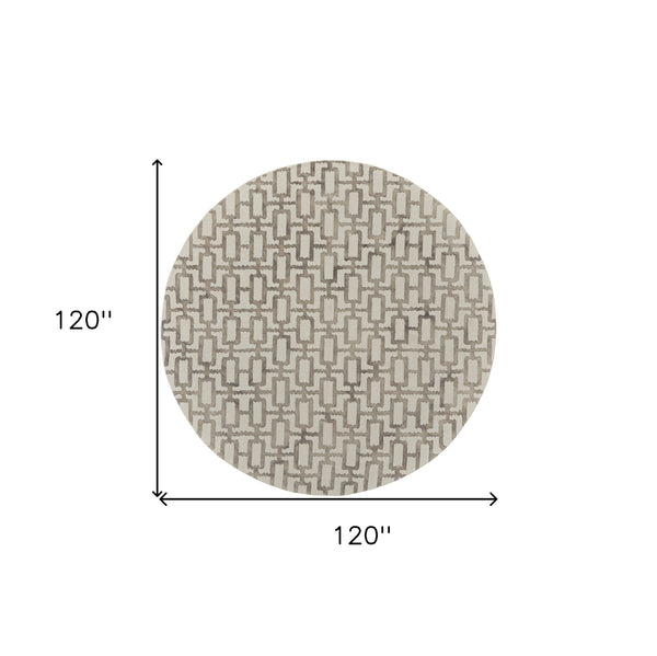 Homeroots 10' Ivory And Tan Round Trellis Hand Tufted Area Rug Ivory,Taupe Wool Blend 511108