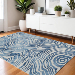 HomeRoots 4' Blue and Ivory Wool Geometric Tufted Handmade Area Rug for a Stylish and Cozy Home Decor 4' X 6' 511110