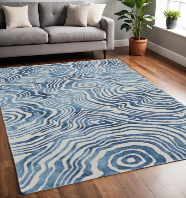 HomeRoots 4' Blue and Ivory Wool Geometric Tufted Handmade Area Rug for a Stylish and Cozy Home Decor 5' X 8' 511111